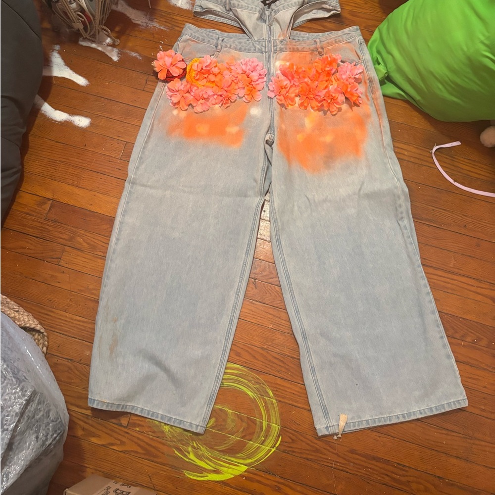 Nasty Gal Orange Floral Embellished Wide Leg Jeans